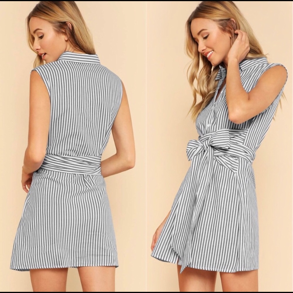 Gray/white stripe tie waist button-up shirt dress.